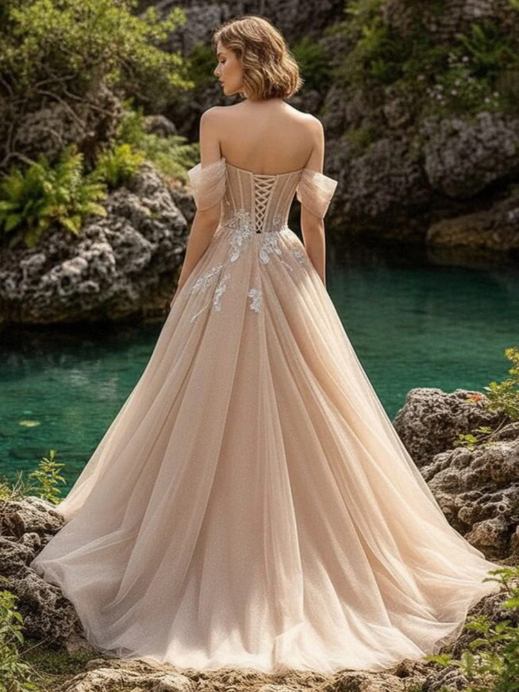 A Line Tulle Off the Shoulder Applique Prom Dresses