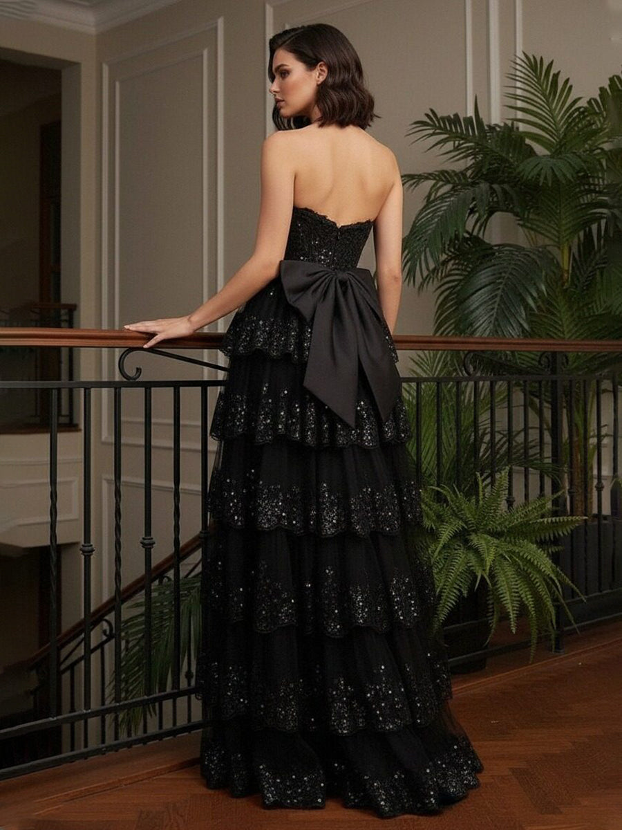 Tulle A Line Sweetheart Sequin Prom Dresses