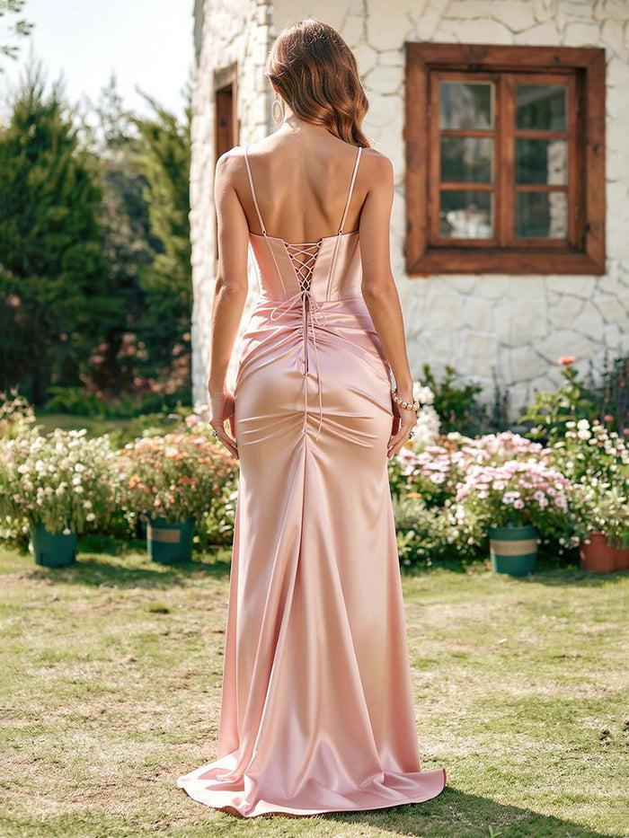 Satin Spaghetti Straps Pleated Prom Dresses with Slit