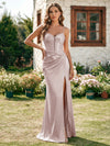 Satin Spaghetti Straps Pleated Formal Dresses with Slit
