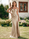 Satin Spaghetti Straps Pleated Formal Dresses with Slit