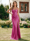 Satin Spaghetti Straps Pleated Formal Dresses with Slit