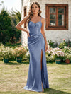 Satin Spaghetti Straps Pleated Formal Dresses with Slit