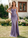 Satin Spaghetti Straps Pleated Formal Dresses with Slit