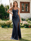 Satin Spaghetti Straps Pleated Formal Dresses with Slit