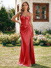 Satin Spaghetti Straps Pleated Formal Dresses with Slit