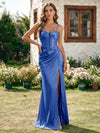 Satin Spaghetti Straps Pleated Formal Dresses with Slit