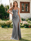 Satin Spaghetti Straps Pleated Formal Dresses with Slit