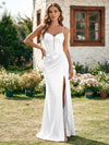 Satin Spaghetti Straps Pleated Formal Dresses with Slit