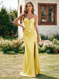 Satin Spaghetti Straps Pleated Prom Dresses with Slit