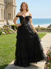 Tulle Off the Shoulder Tiered Prom Dresses