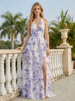 Floral Chiffon Halter Tiered Prom Dresses with Slit