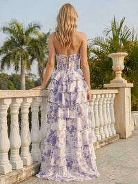 Floral Chiffon Halter Tiered Prom Dresses with Slit