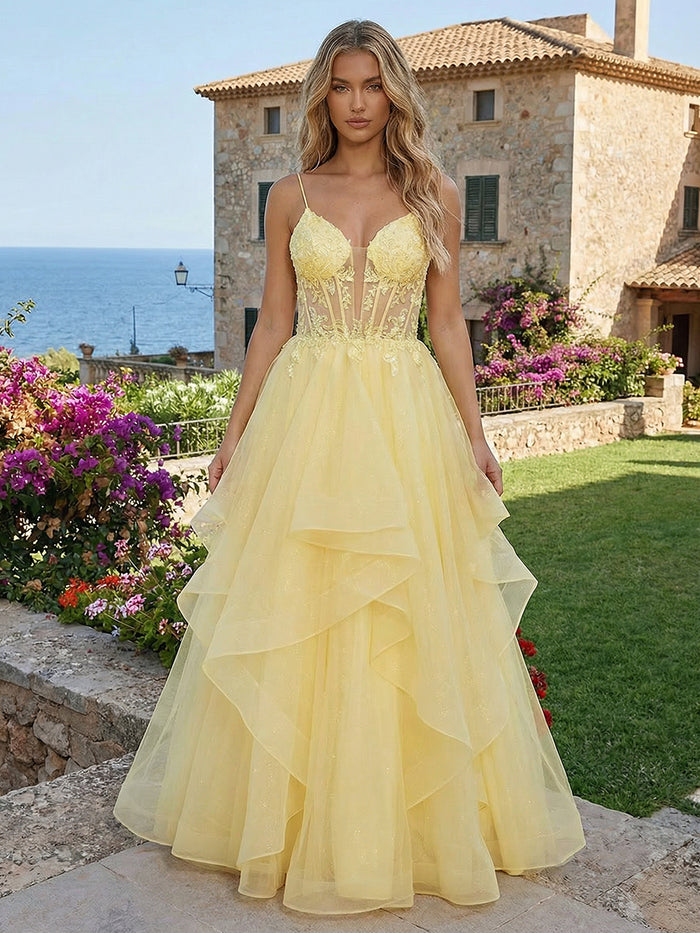 Organza Spaghetti Straps Applique Prom Dresses