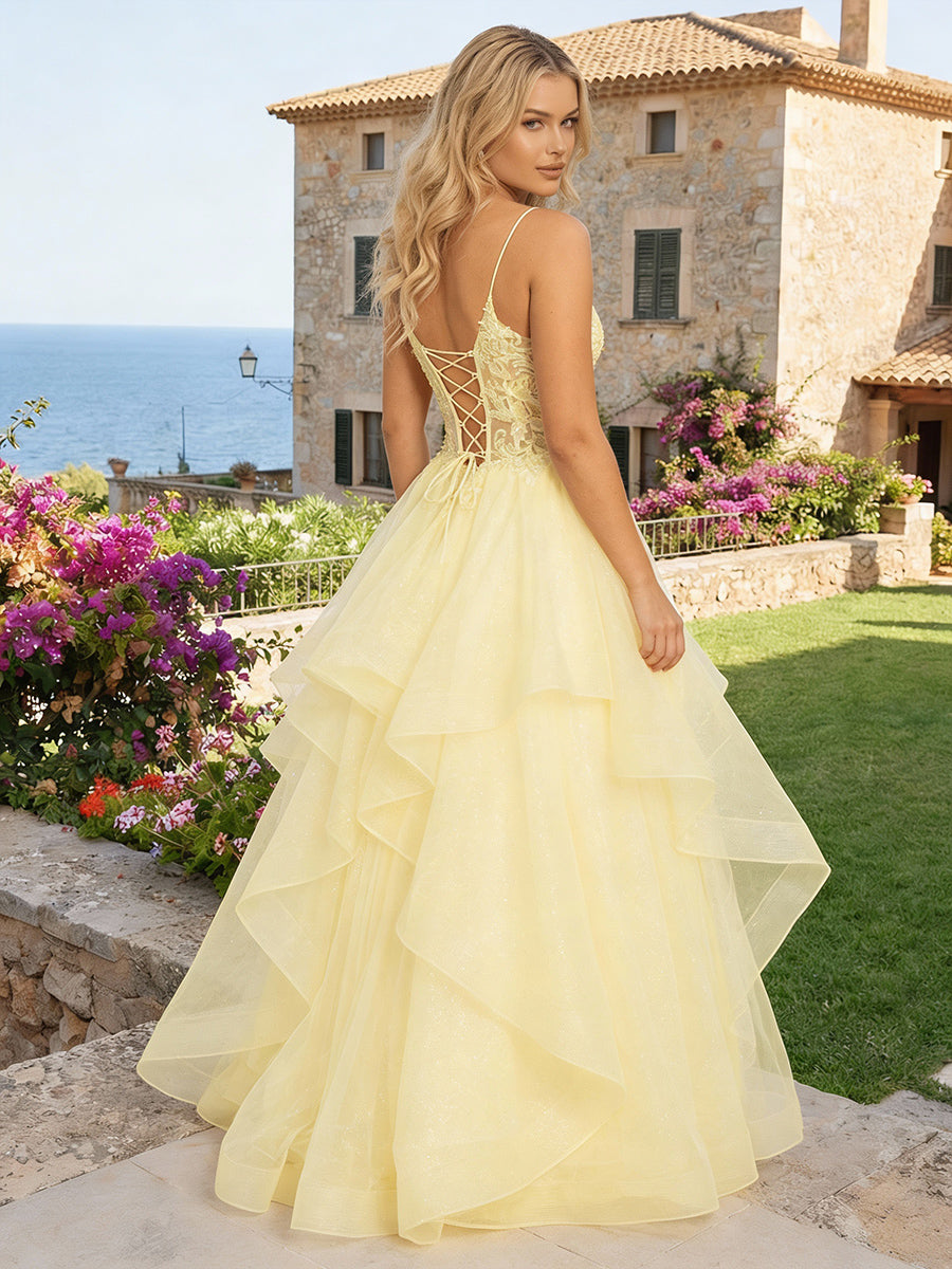 Organza Spaghetti Straps Applique Prom Dresses