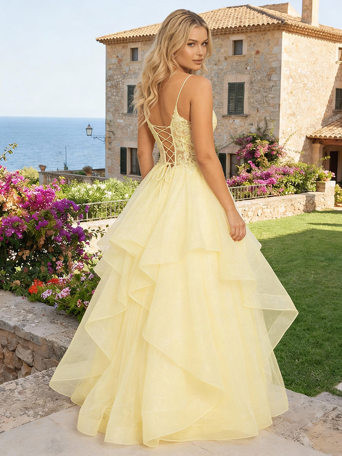 Organza Spaghetti Straps Applique Prom Dresses