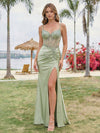 Satin Rhinestone Spaghetti Straps Prom Dresses with Slit