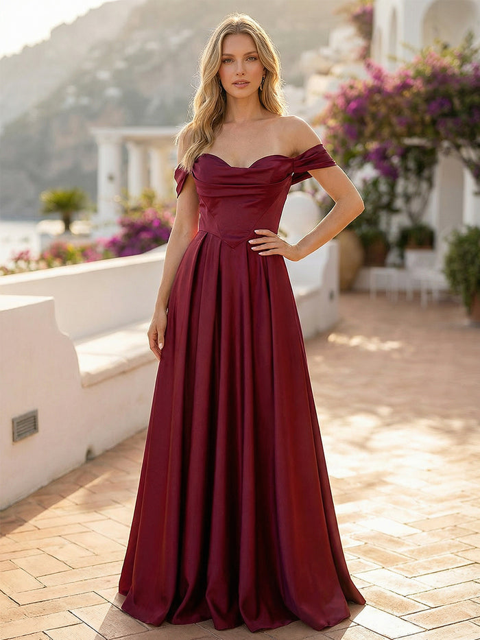 Satin Off the Shoulder Pleated Prom Dresses