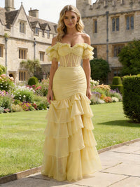 Tulle Off the Shoulder Tiered Prom Dresses