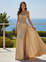 Off the Shoulder Satin Sequin Mermaid Formal Dresses with Slit