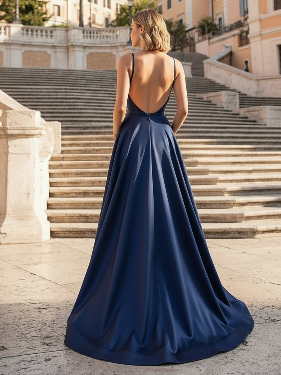 Spaghetti Straps A Line Satin Prom Dresses with Slit