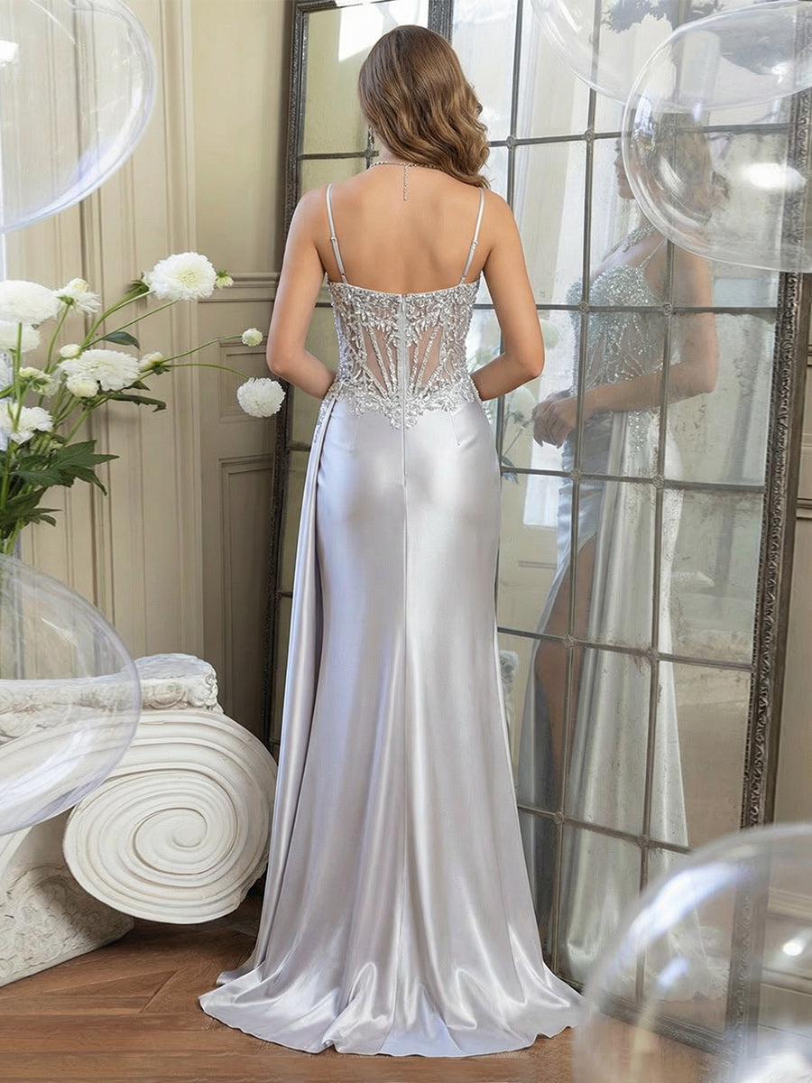 Spaghetti Straps Mermaid Satin Prom Dresses with Wrap