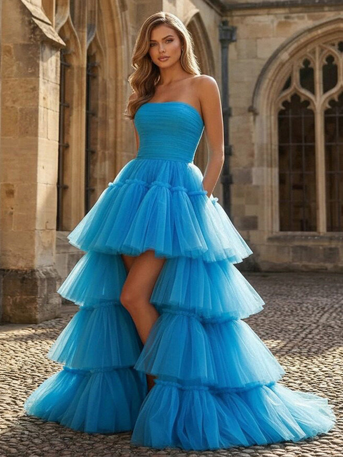 Strapless A Line Tiered Tulle Prom Dresses with Slit