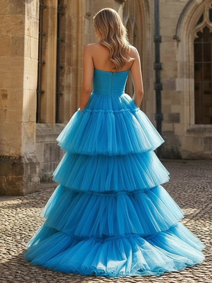 Strapless A Line Tiered Tulle Prom Dresses with Slit