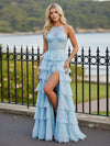 Lace Appliques A Line Tiered Chiffon Prom Dresses with Slit