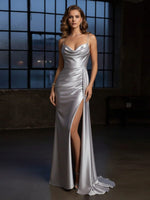 Cowl Neck Satin Mermaid Formal Dresses with Wrap