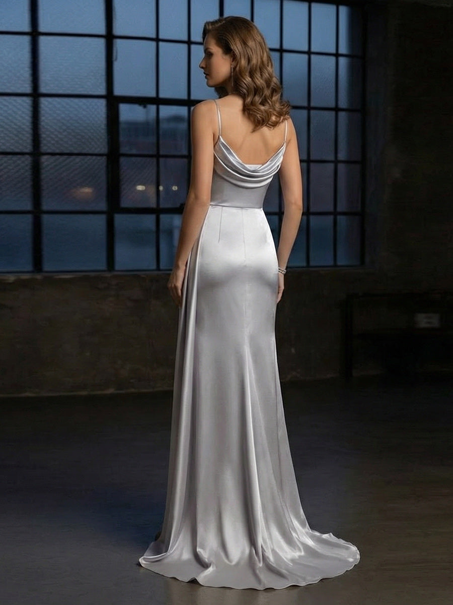 Cowl Neck Satin Mermaid Formal Dresses with Wrap