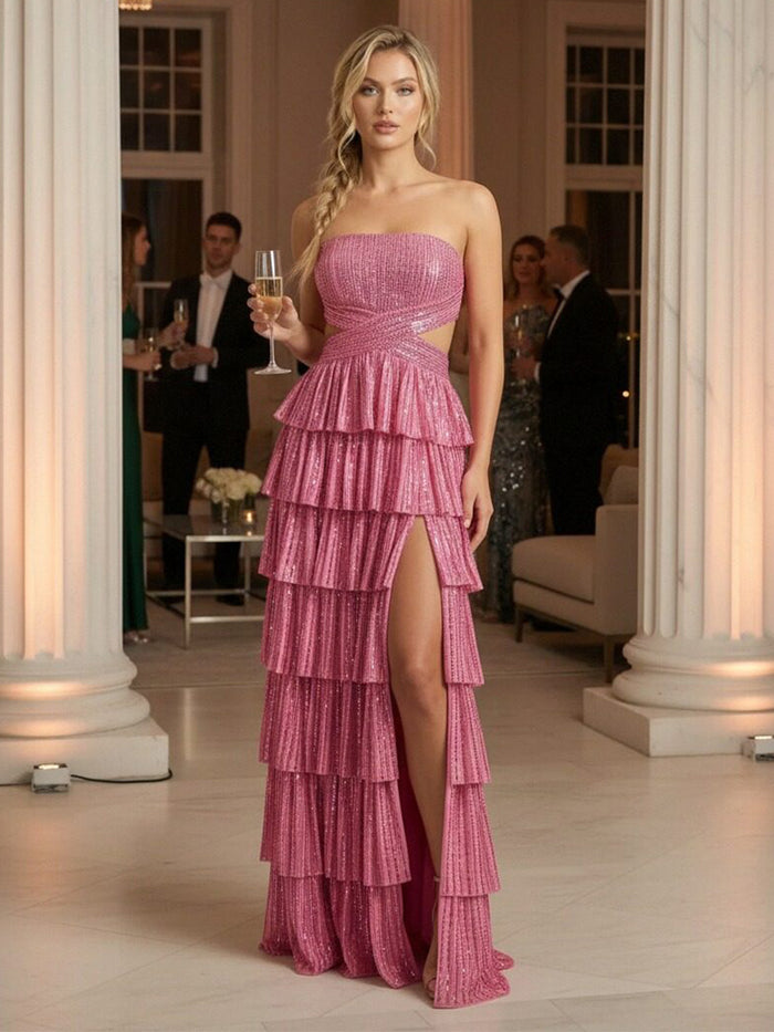 Strapless Sequin A Line Prom Dresses with Slit