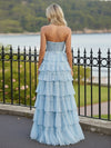 Strapless Lace Appliques A Line Prom Dresses with Slit