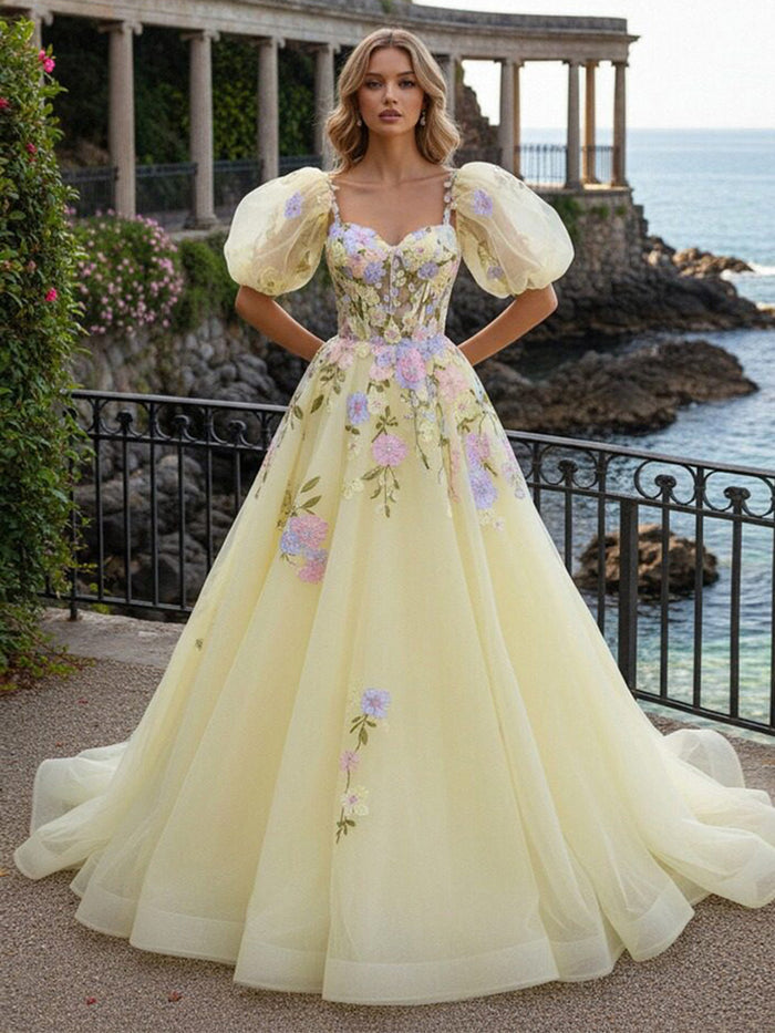 Short Sleeves Tulle A Line Prom Dresses with 3D Flowers