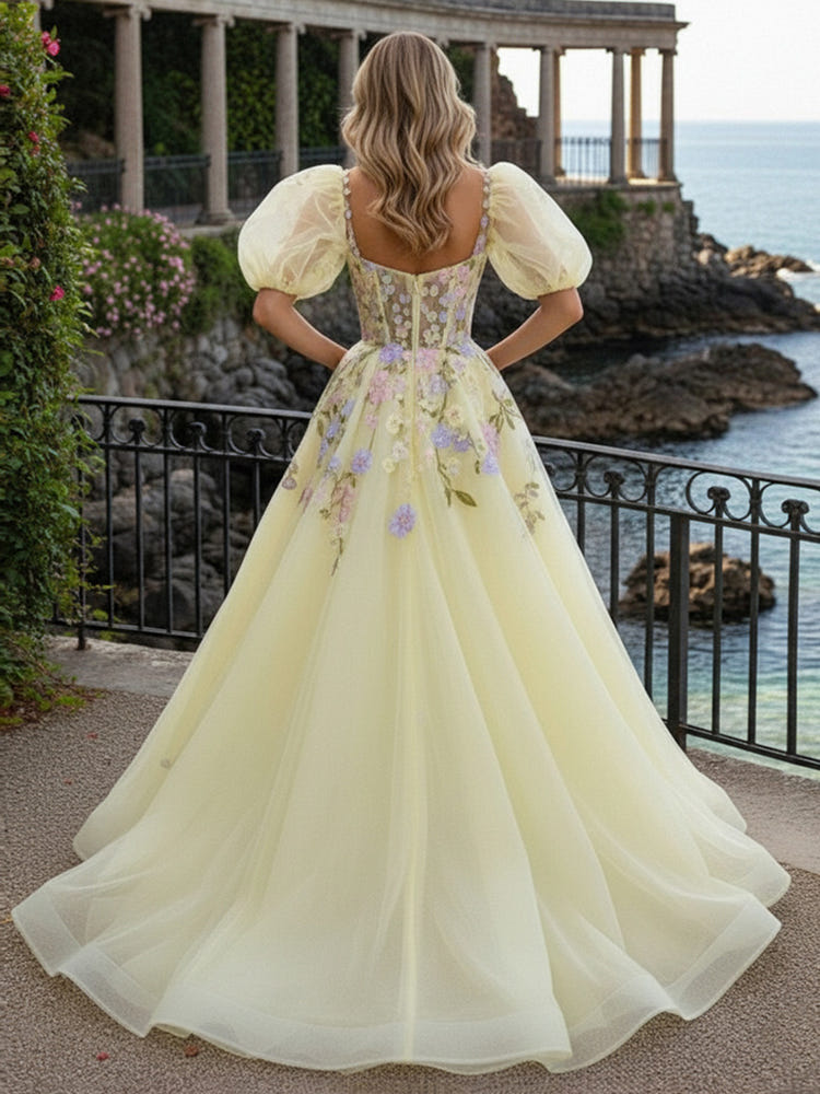 Short Sleeves Tulle A Line Prom Dresses with 3D Flowers