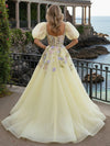 Short Sleeves Tulle A Line Prom Dresses with 3D Flowers