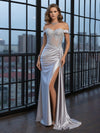 Lace Appliques Satin Mermaid Prom Dresses with Slit