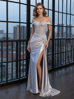 Lace Appliques Satin Mermaid Prom Dresses with Slit