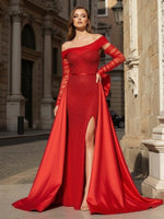 Off the Shoulder Tulle Sequin Evening Dresses Mermaid Satin Dresses with Train