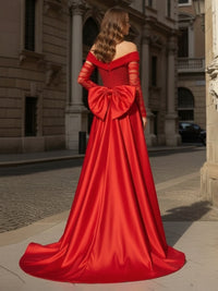 Off the Shoulder Tulle Sequin Evening Dresses Mermaid Satin Dresses with Train