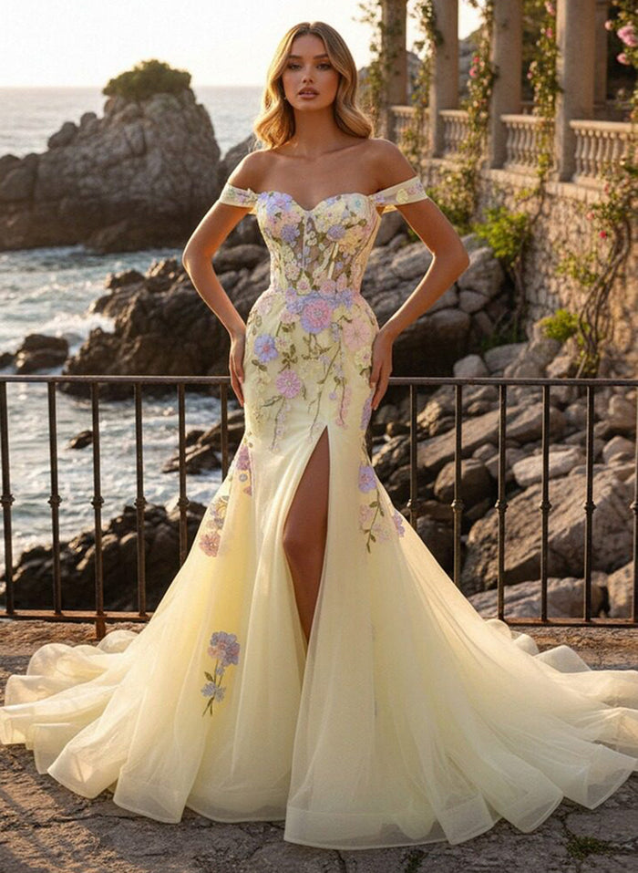 Off the Shoulder Tulle Mermaid Prom Dresses with 3D Flowers