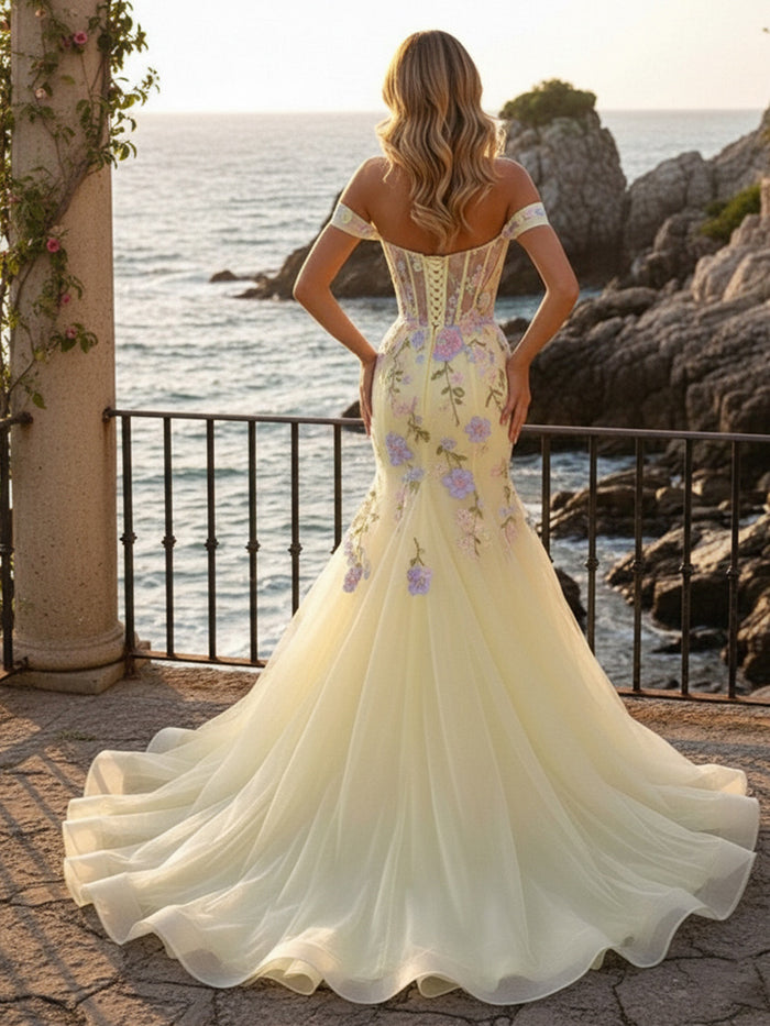 Off the Shoulder Tulle Mermaid Prom Dresses with 3D Flowers