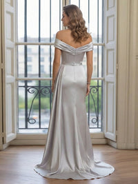 Off the Shoulder Satin Mermaid Formal Dresses with Slit