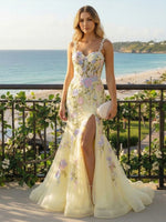 Spaghetti Straps Tulle Mermaid Prom Dresses with 3D Flowers