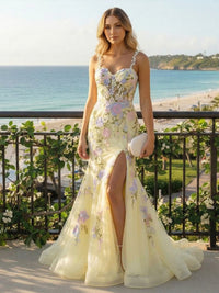 Spaghetti Straps Tulle Mermaid Prom Dresses with 3D Flowers