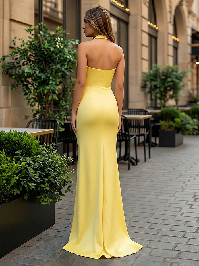 Halter Satin Mermaid Prom Dresses with Slit