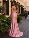 Spaghetti Straps V Neck Satin Mermaid Formal Dresses with Lace Appliques