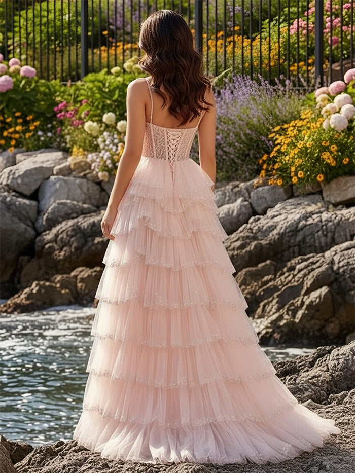 Spaghetti Straps Tulle A Line Prom Dresses with Slit