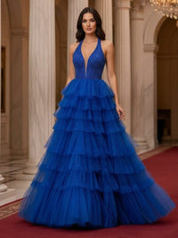 V Neck Tiered Tulle A Line Prom Dresses