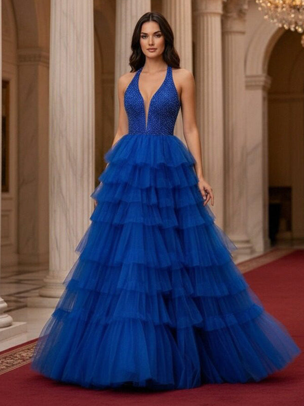 V Neck Tiered Tulle A Line Prom Dresses